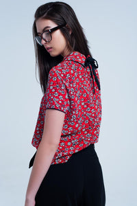 Q2 Women's Blouse Red Shirt with white flowers print