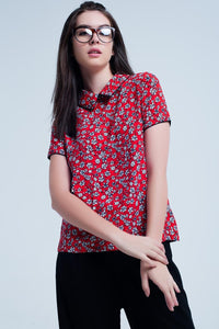 Q2 Women's Blouse Red Shirt with white flowers print