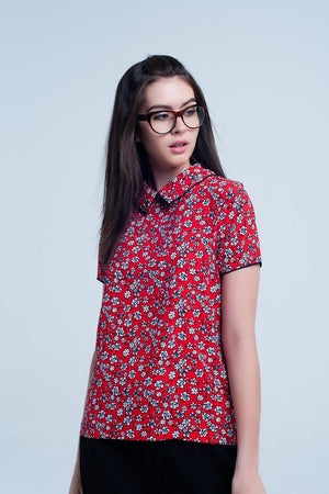 Q2 Women's Blouse Red Shirt with white flowers print