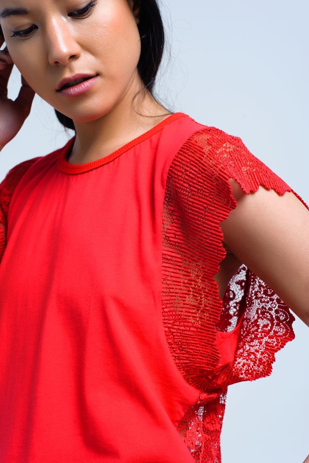 Q2 Women's Blouse Red top with lace back and ruffles
