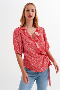 Q2 Women's Blouse Red Wrap Top in Clustered Flower Print