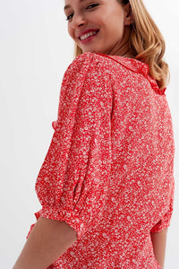 Q2 Women's Blouse Red Wrap Top in Clustered Flower Print