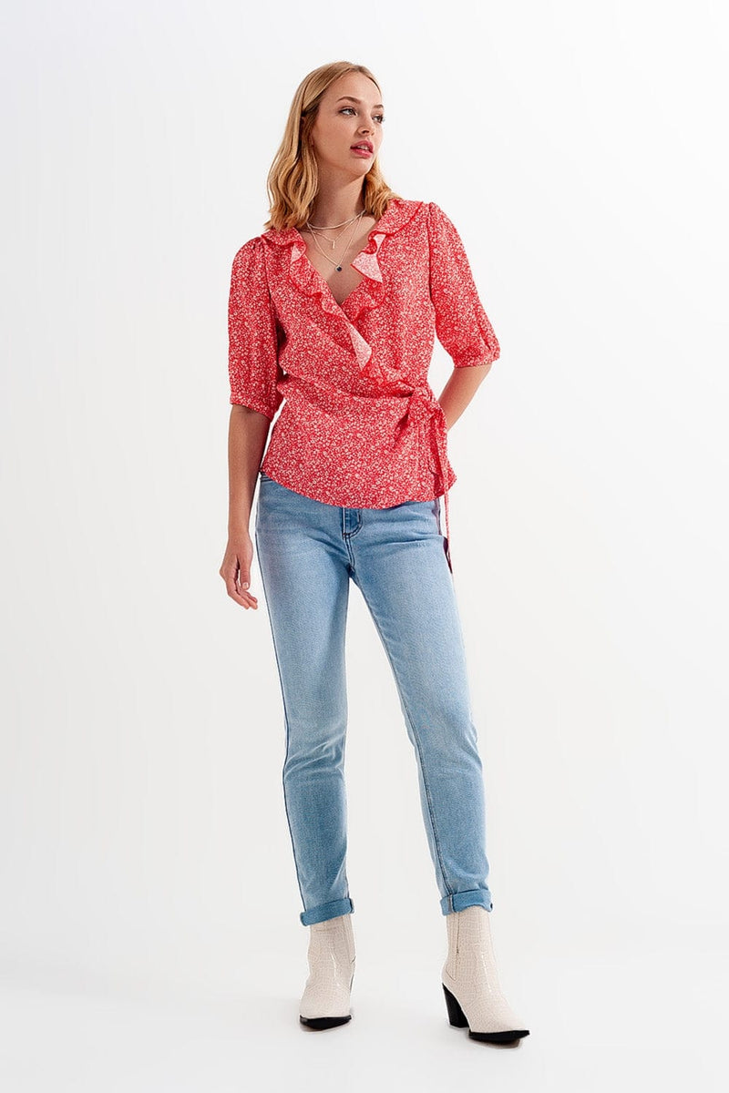 Q2 Women's Blouse Red Wrap Top in Clustered Flower Print