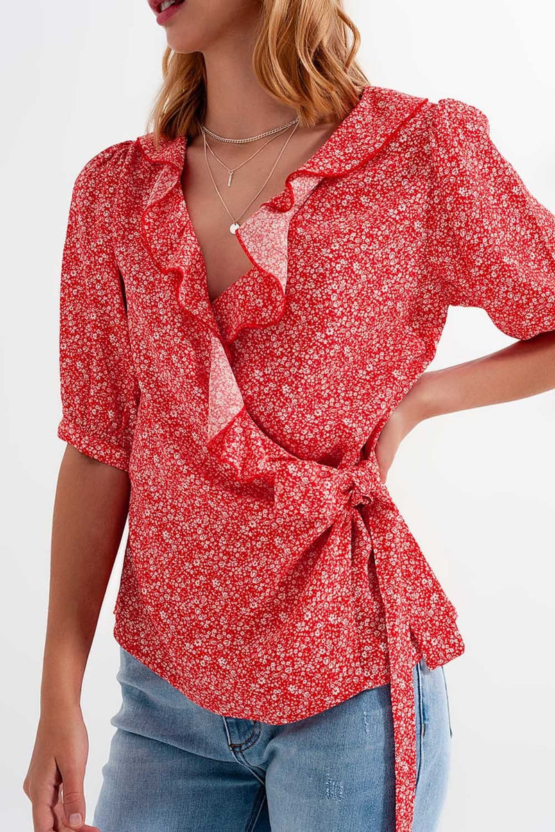 Q2 Women's Blouse Red Wrap Top in Clustered Flower Print