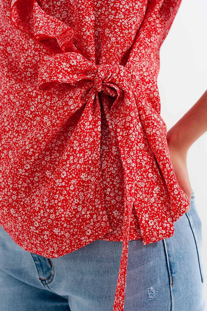 Q2 Women's Blouse Red Wrap Top in Clustered Flower Print