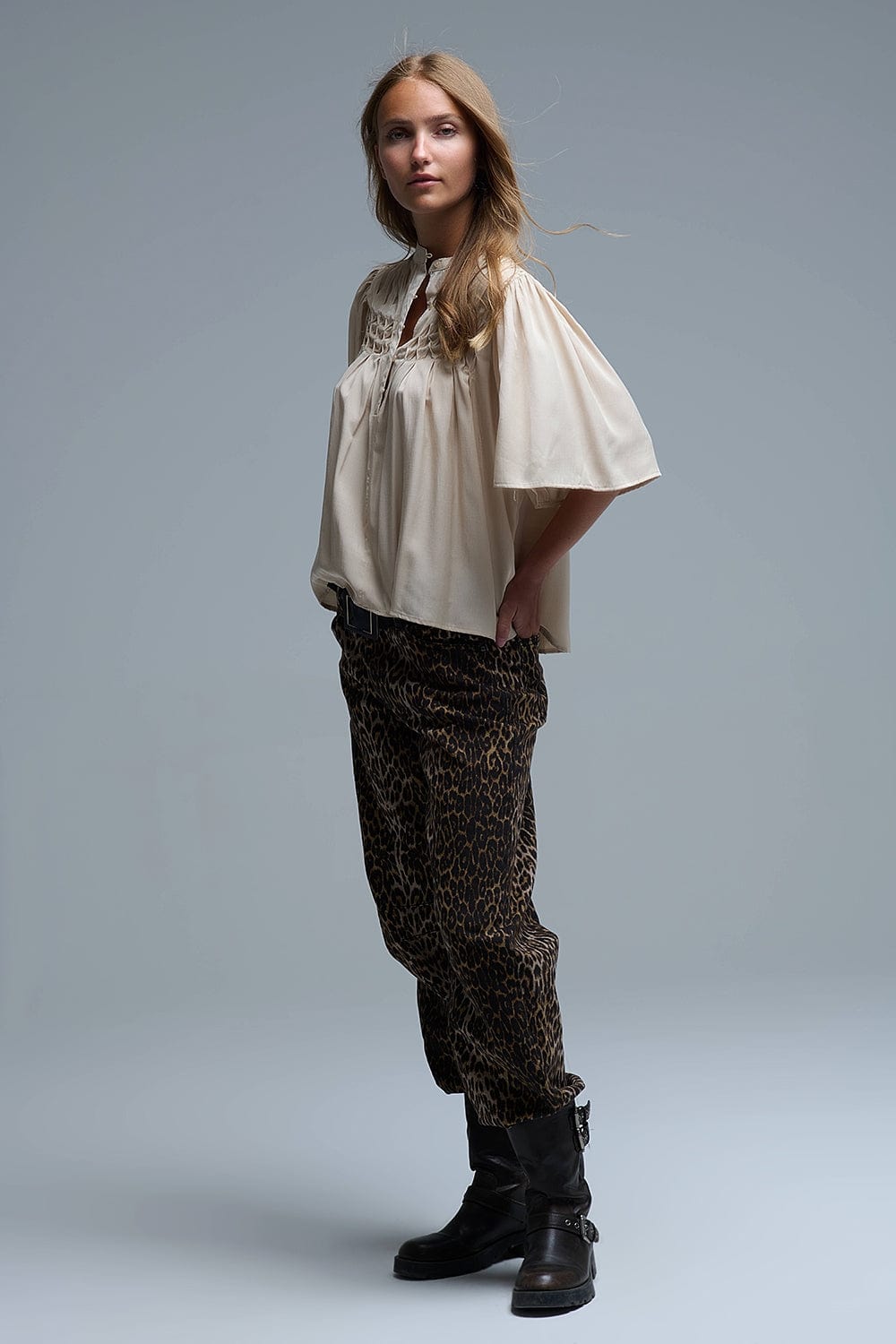 Q2 Women's Blouse Relaxed Beige Boho-Style Blouse With Embroidered Details