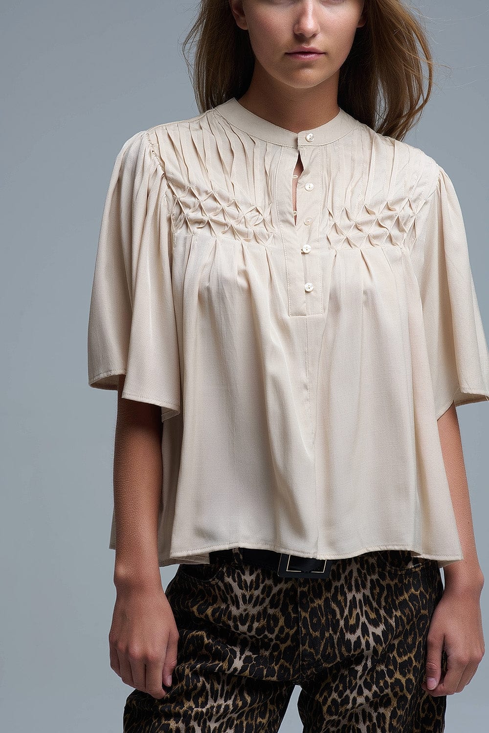 Q2 Women's Blouse Relaxed Beige Boho-Style Blouse With Embroidered Details