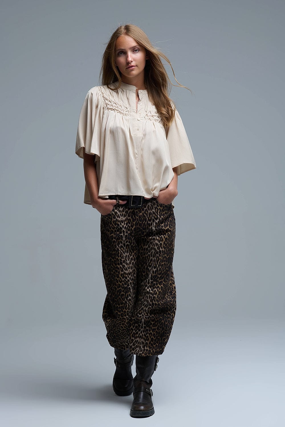 Q2 Women's Blouse Relaxed Beige Boho-Style Blouse With Embroidered Details