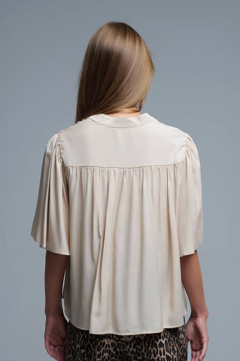Q2 Women's Blouse Relaxed Beige Boho-Style Blouse With Embroidered Details
