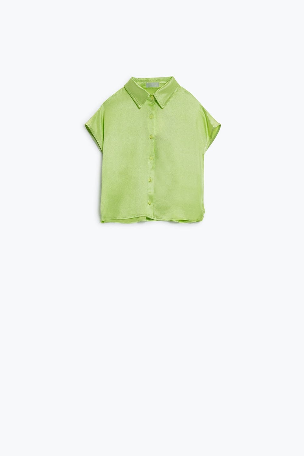 Q2 Women's Blouse Relaxed Button Down Satin Blouse With Cap Sleeves And Polo Collar In Lime Green