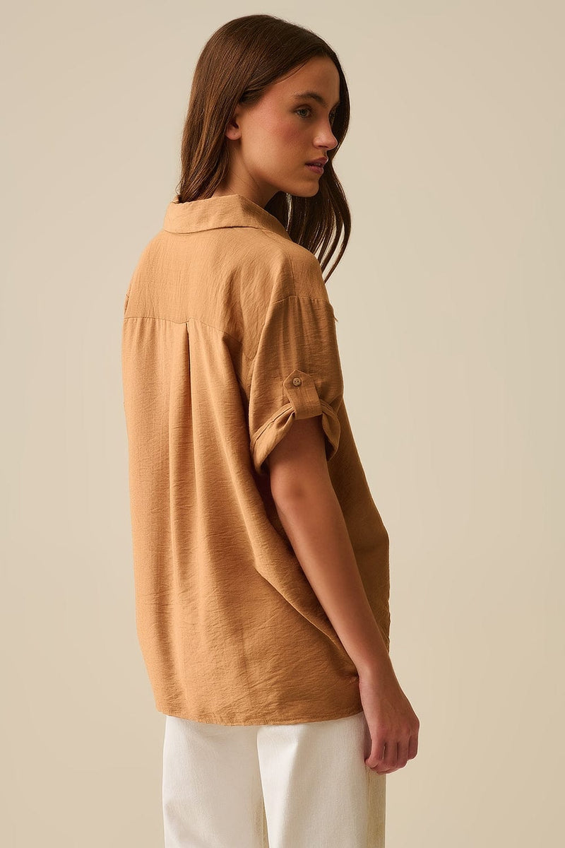 Q2 Women's Blouse Relaxed Camel Short Sleeve Shirt With Gold Buttons
