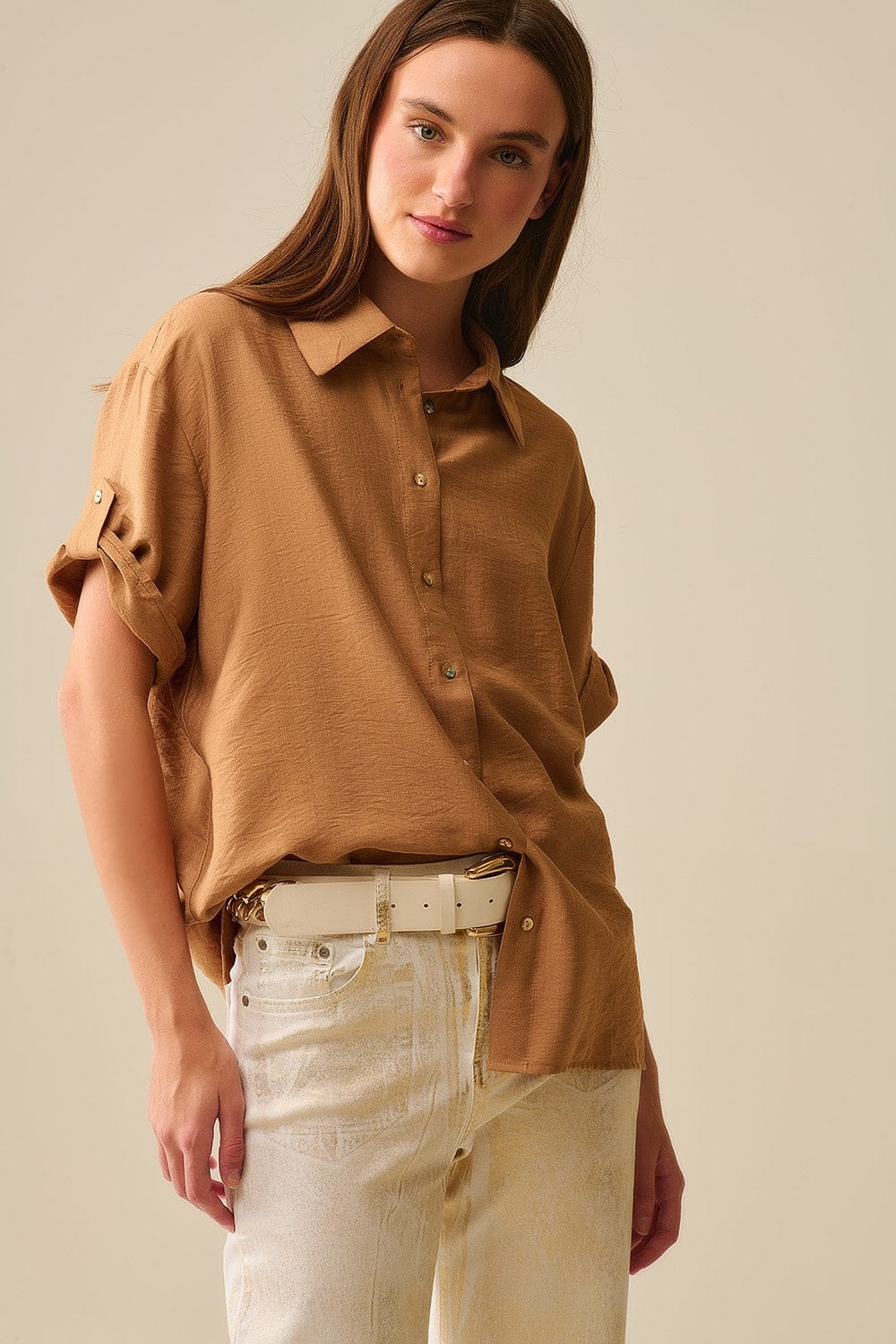 Q2 Women's Blouse Relaxed Camel Short Sleeve Shirt With Gold Buttons
