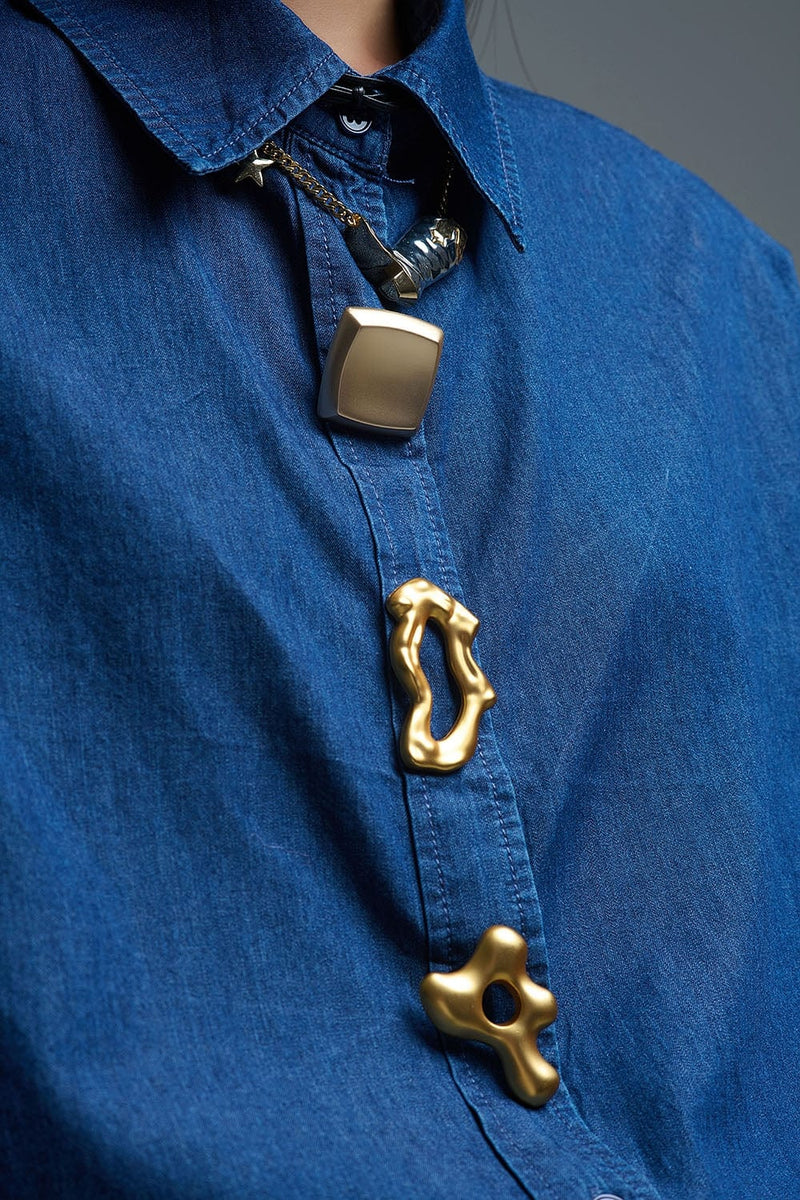 Q2 Women's Blouse Relaxed Denim Shirt With Gold Abstract Buttons