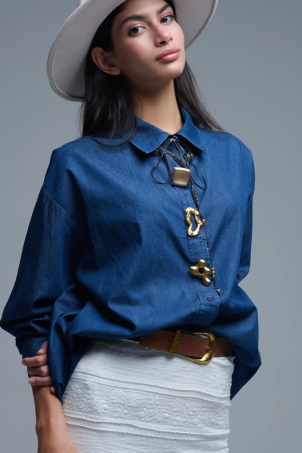 Q2 Women's Blouse Relaxed Denim Shirt With Gold Abstract Buttons