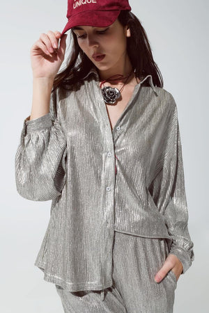 Q2 Women's Blouse Relaxed Fit Button Down Shirt With Balloon Sleeves In Silver