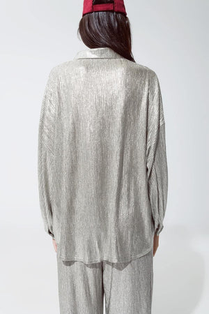 Q2 Women's Blouse Relaxed Fit Button Down Shirt With Balloon Sleeves In Silver