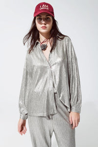 Q2 Women's Blouse Relaxed Fit Button Down Shirt With Balloon Sleeves In Silver