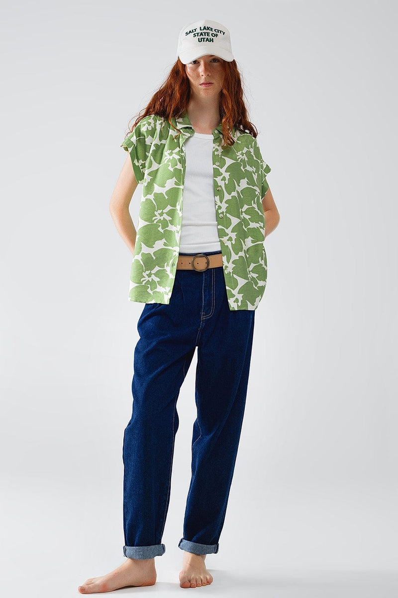 Q2 Women's Blouse Relaxed Floral Print Shirt In Green