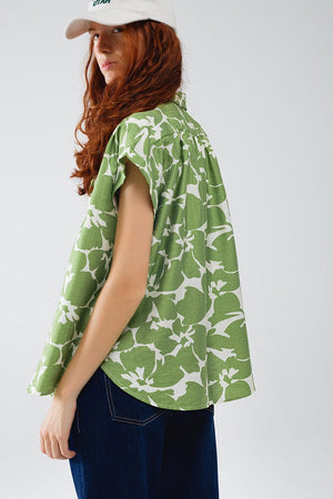 Q2 Women's Blouse Relaxed Floral Print Shirt In Green