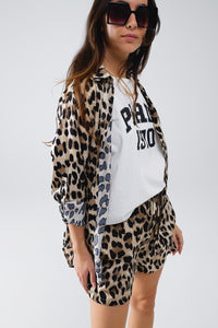 Q2 Women's Blouse Relaxed Leopard Print High-Low Shirt With Long Sleeves