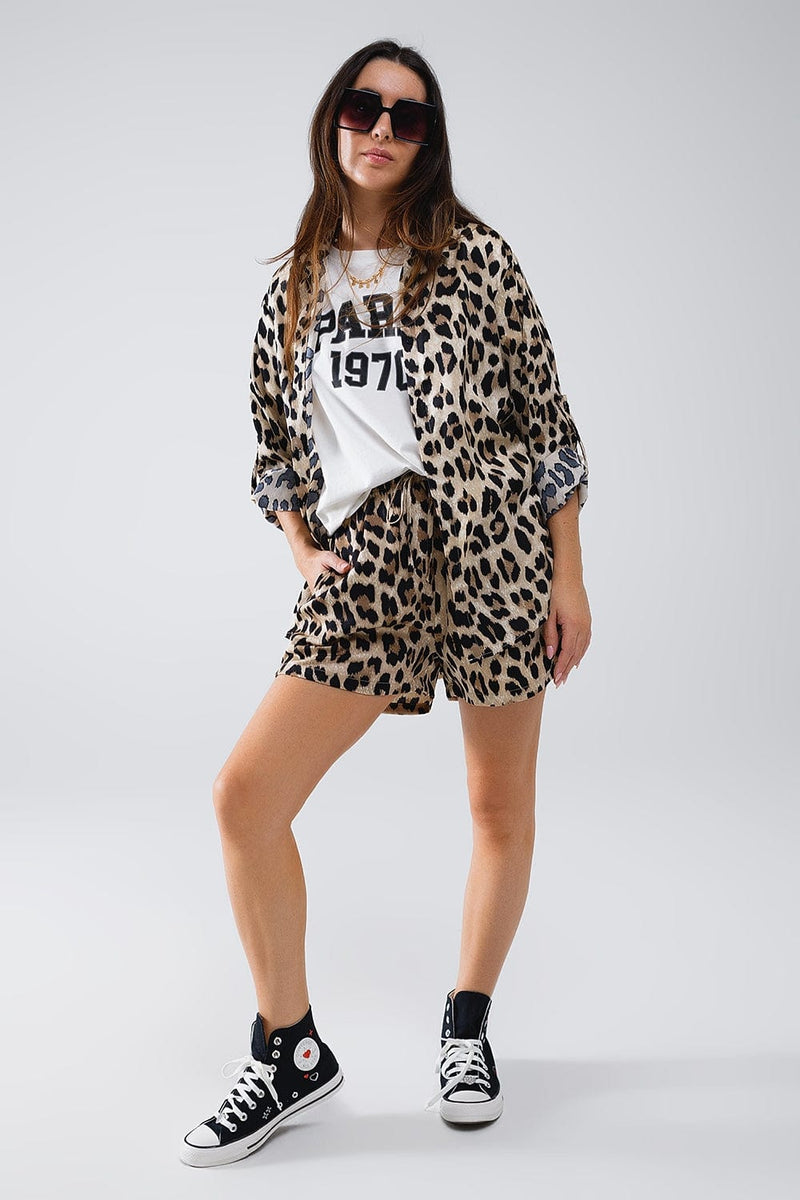 Q2 Women's Blouse Relaxed Leopard Print High-Low Shirt With Long Sleeves