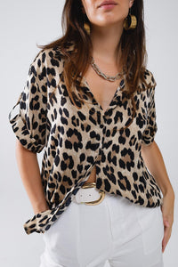 Q2 Women's Blouse Relaxed Leopard Print Shirt With Rolled Cuffs