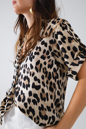 Q2 Women's Blouse Relaxed Leopard Print Shirt With Rolled Cuffs