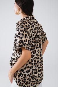 Q2 Women's Blouse Relaxed Leopard Print Shirt With Rolled Cuffs