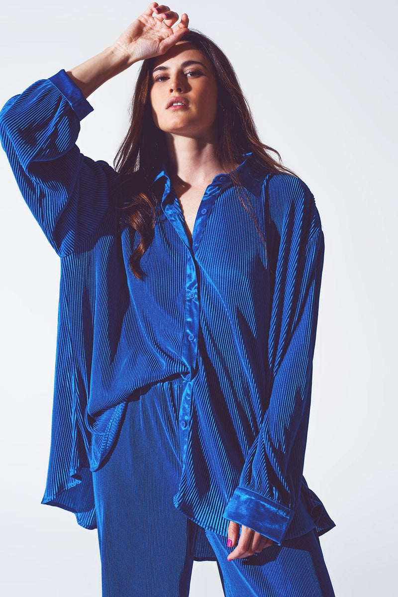 Q2 Women's Blouse Relaxed Pleated Satin Shirt in Blue