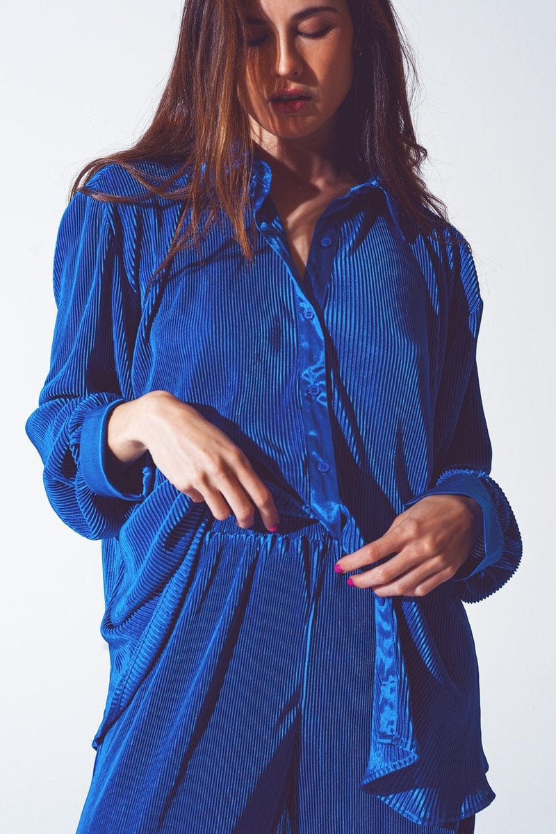Q2 Women's Blouse Relaxed Pleated Satin Shirt in Blue