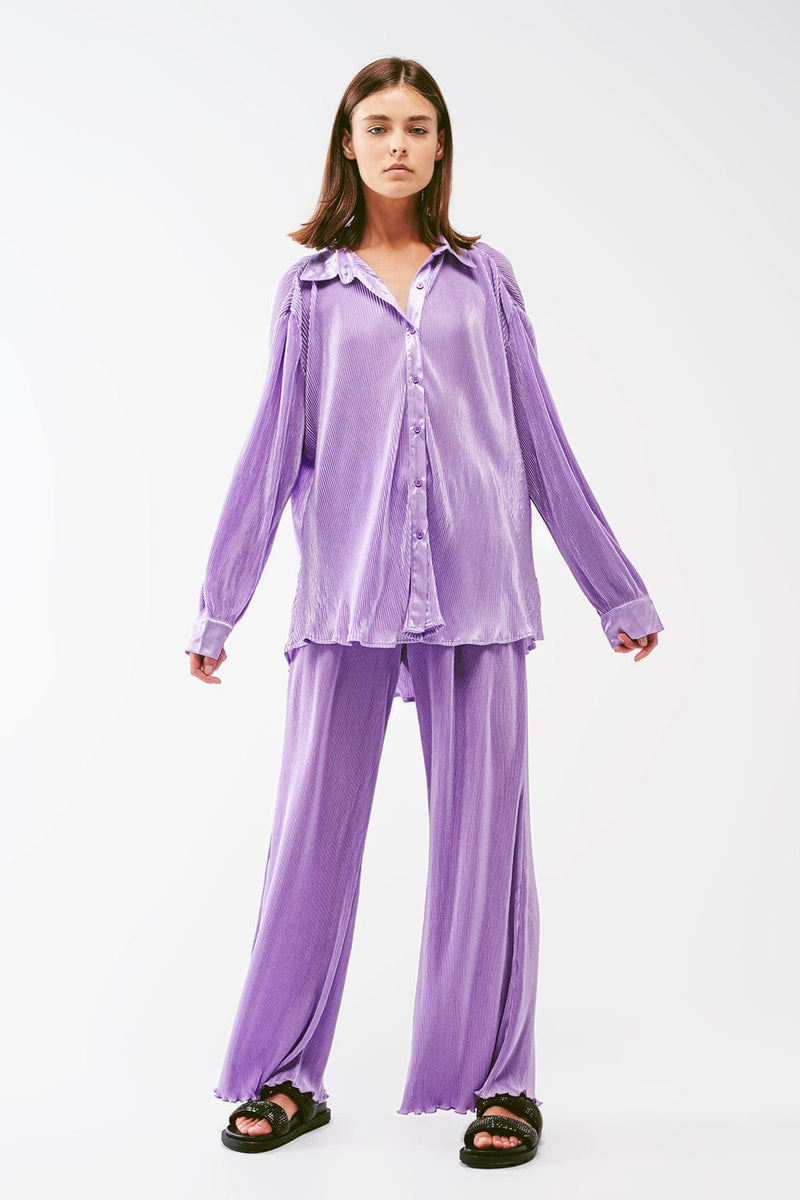Q2 Women's Blouse Relaxed Pleated Satin Shirt in lilac