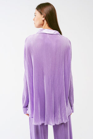 Q2 Women's Blouse Relaxed Pleated Satin Shirt in lilac