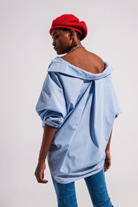 Q2 Women's Blouse Relaxed Poplin Shirt in Blue