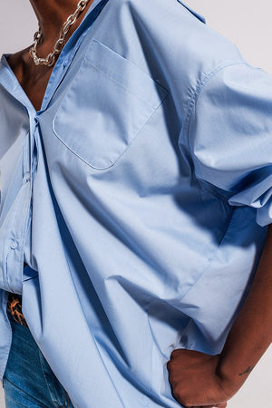 Q2 Women's Blouse Relaxed Poplin Shirt in Blue