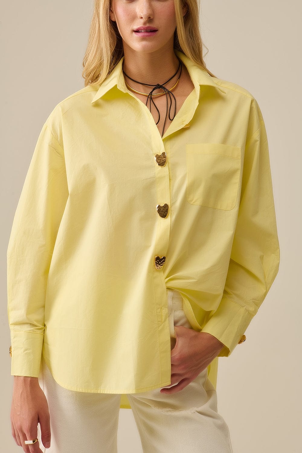 Q2 Women's Blouse Relaxed Poplin Shirt With Gold Heart Buttons In Yellow