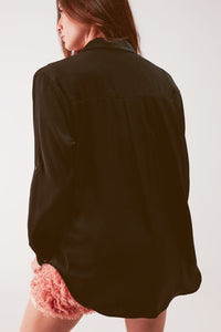 Q2 Women's Blouse Relaxed Satin Long Sleeve Shirt in Black