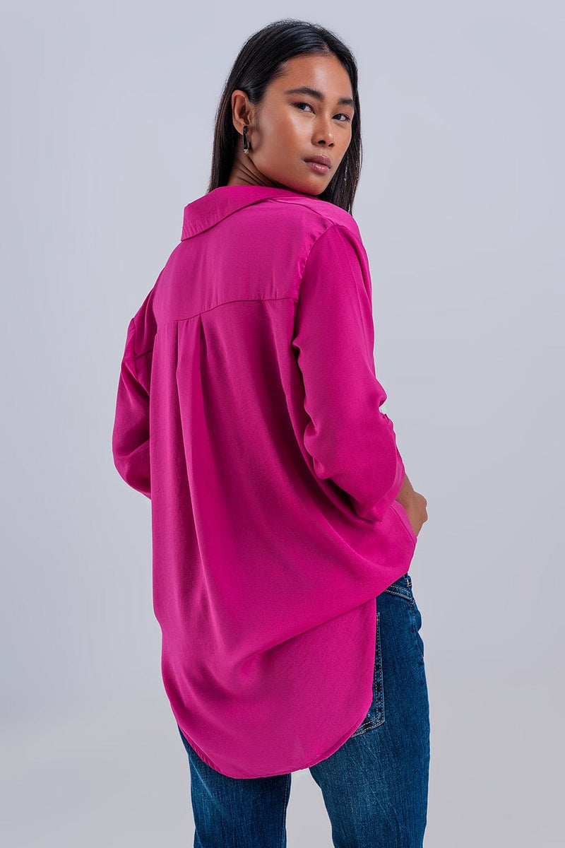 Q2 Women's Blouse Relaxed Satin Long Sleeve Shirt in Fuchsia