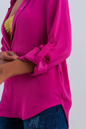 Q2 Women's Blouse Relaxed Satin Long Sleeve Shirt in Fuchsia