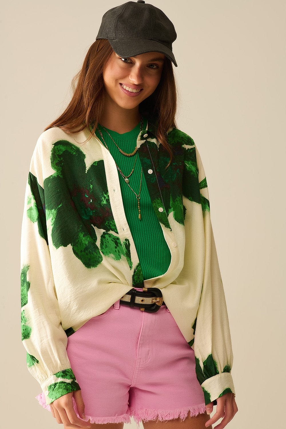 Q2 Women's Blouse Relaxed Shirt In With Big Flowers Print In Green