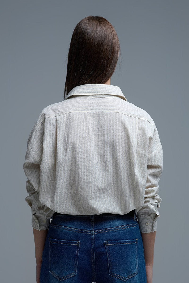 Q2 Women's Blouse Relaxed Stripe Shirt With Oversized Chest Pockets