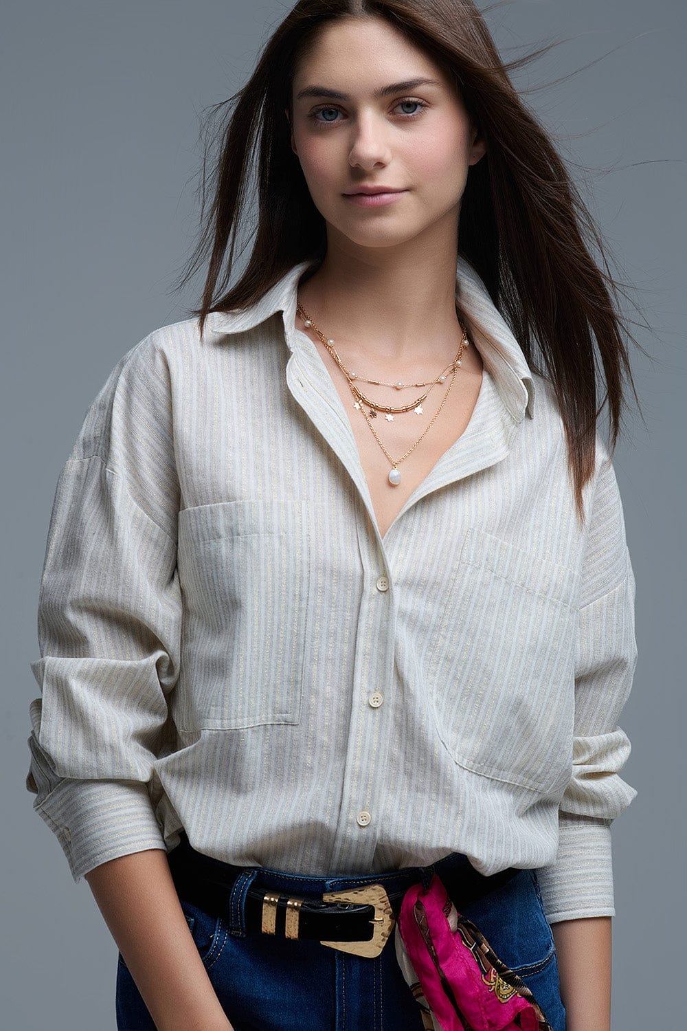Q2 Women's Blouse Relaxed Stripe Shirt With Oversized Chest Pockets