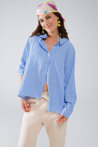 Q2 Women's Blouse Relaxed Thin Stripe Shirt In Blue