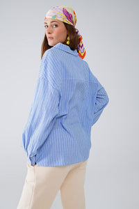 Q2 Women's Blouse Relaxed Thin Stripe Shirt In Blue