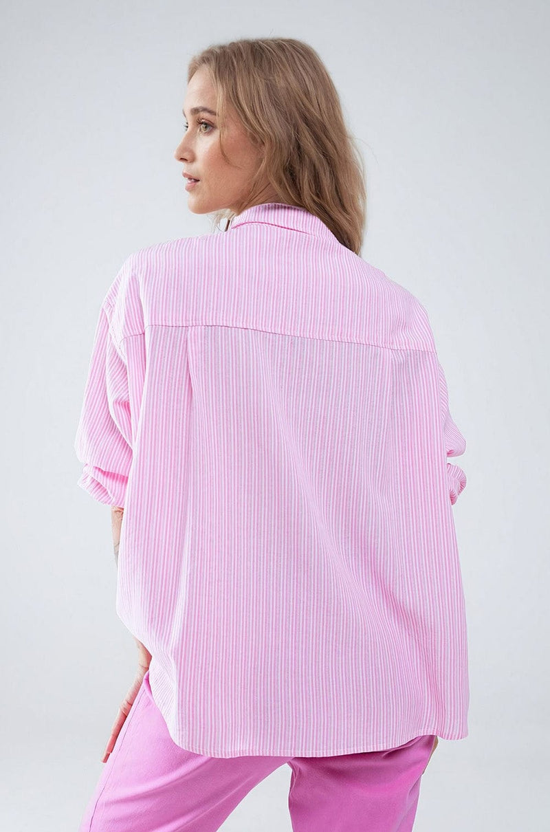 Q2 Women's Blouse Relaxed Thin Stripe Shirt In Pink