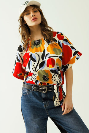 Q2 Women's Blouse Relaxed White Blouse With Poppies Designs And Short Sleeves