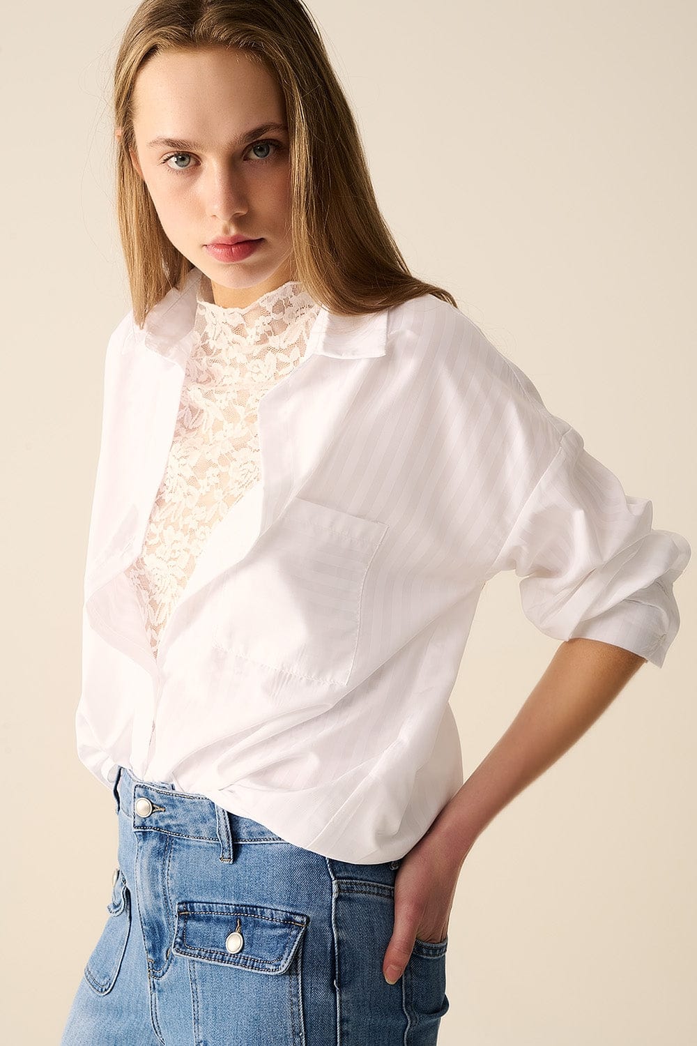 Q2 Women's Blouse Relaxed White Striped Blouse