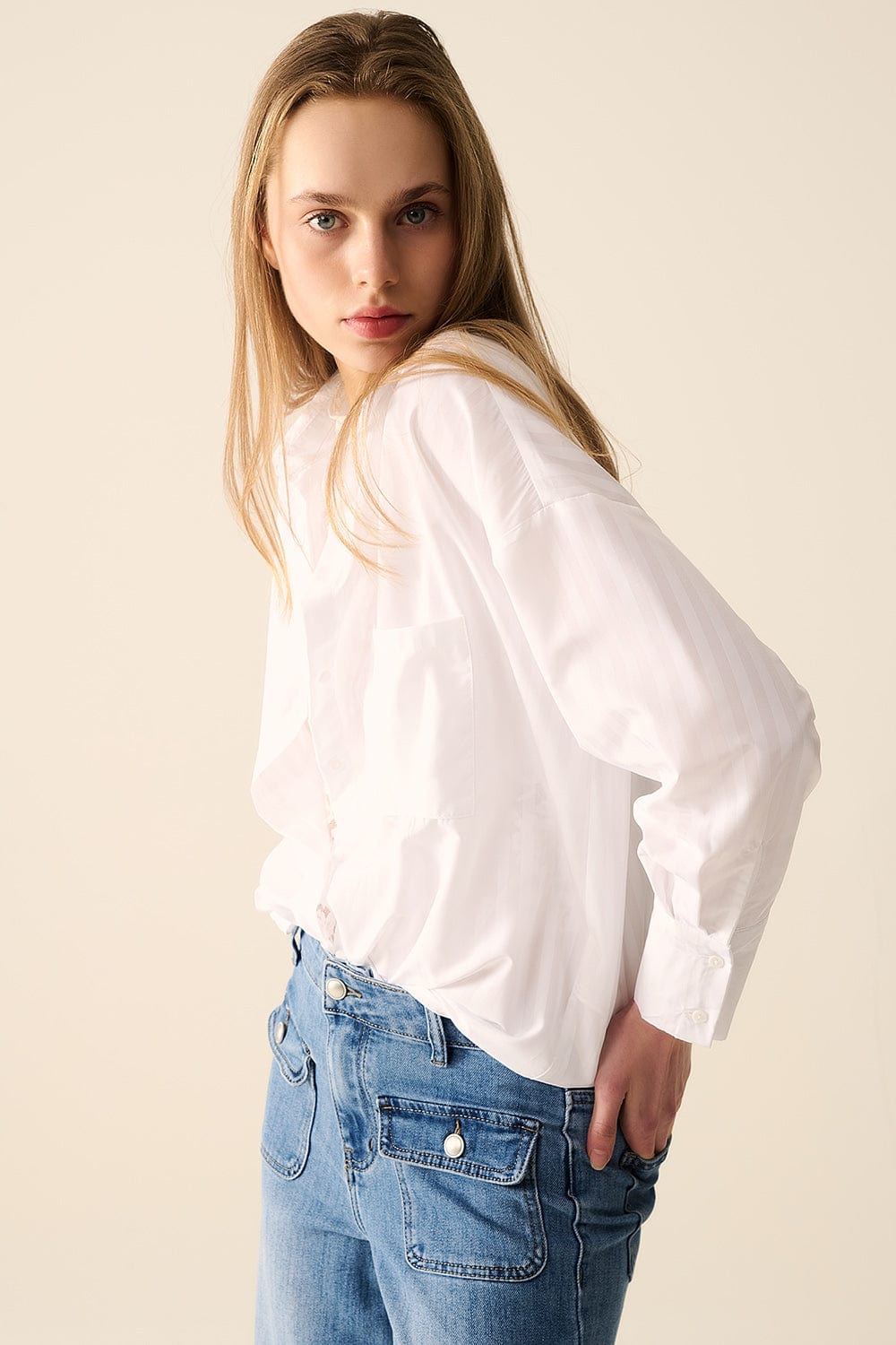 Q2 Women's Blouse Relaxed White Striped Blouse