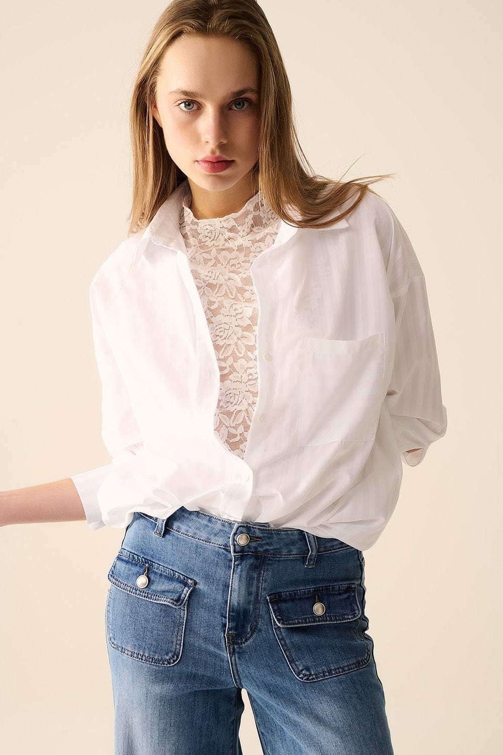 Q2 Women's Blouse Relaxed White Striped Blouse