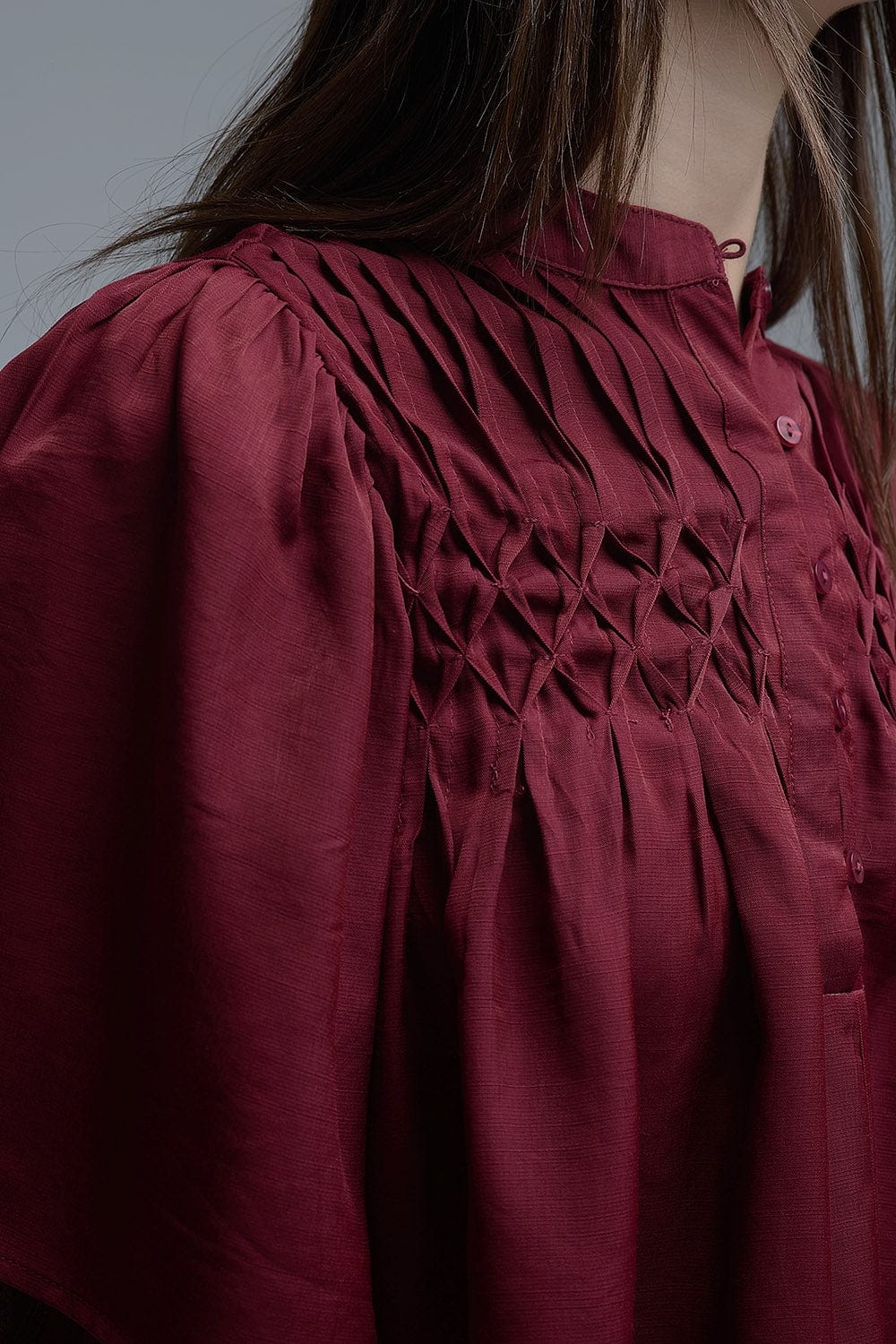 Q2 Women's Blouse Relaxed Wine-Colored Boho-Style Blouse With Embroidered Details