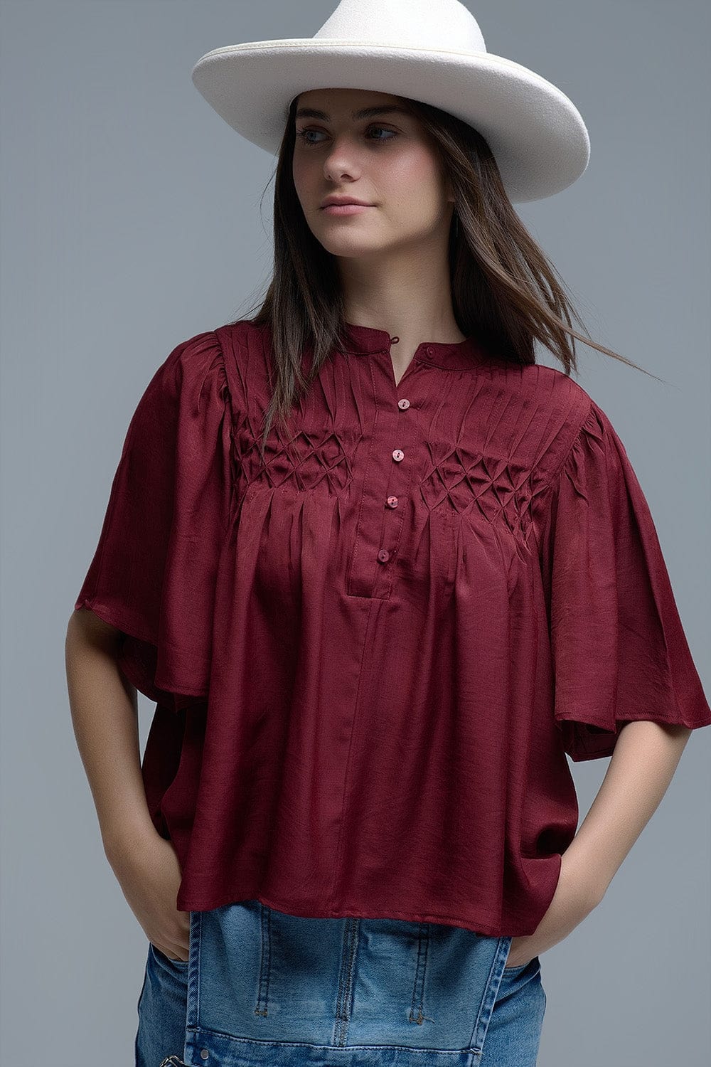Q2 Women's Blouse Relaxed Wine-Colored Boho-Style Blouse With Embroidered Details